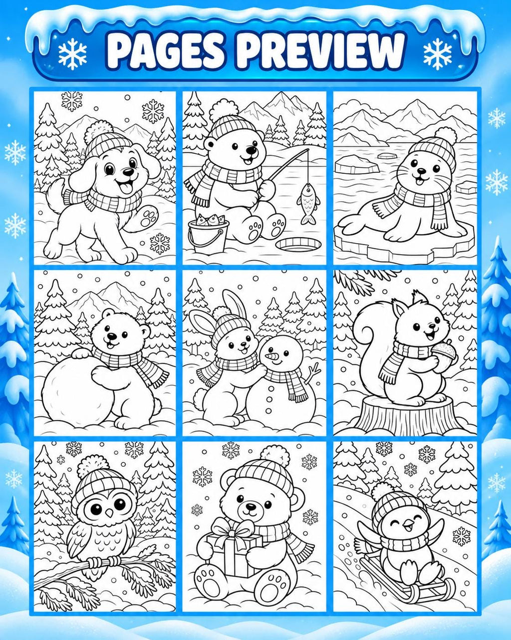Winter Animal Coloring Printable for Kids, Winter Colouring Pages, Winter Coloring Book, Snow Activities, Winter Party Activity