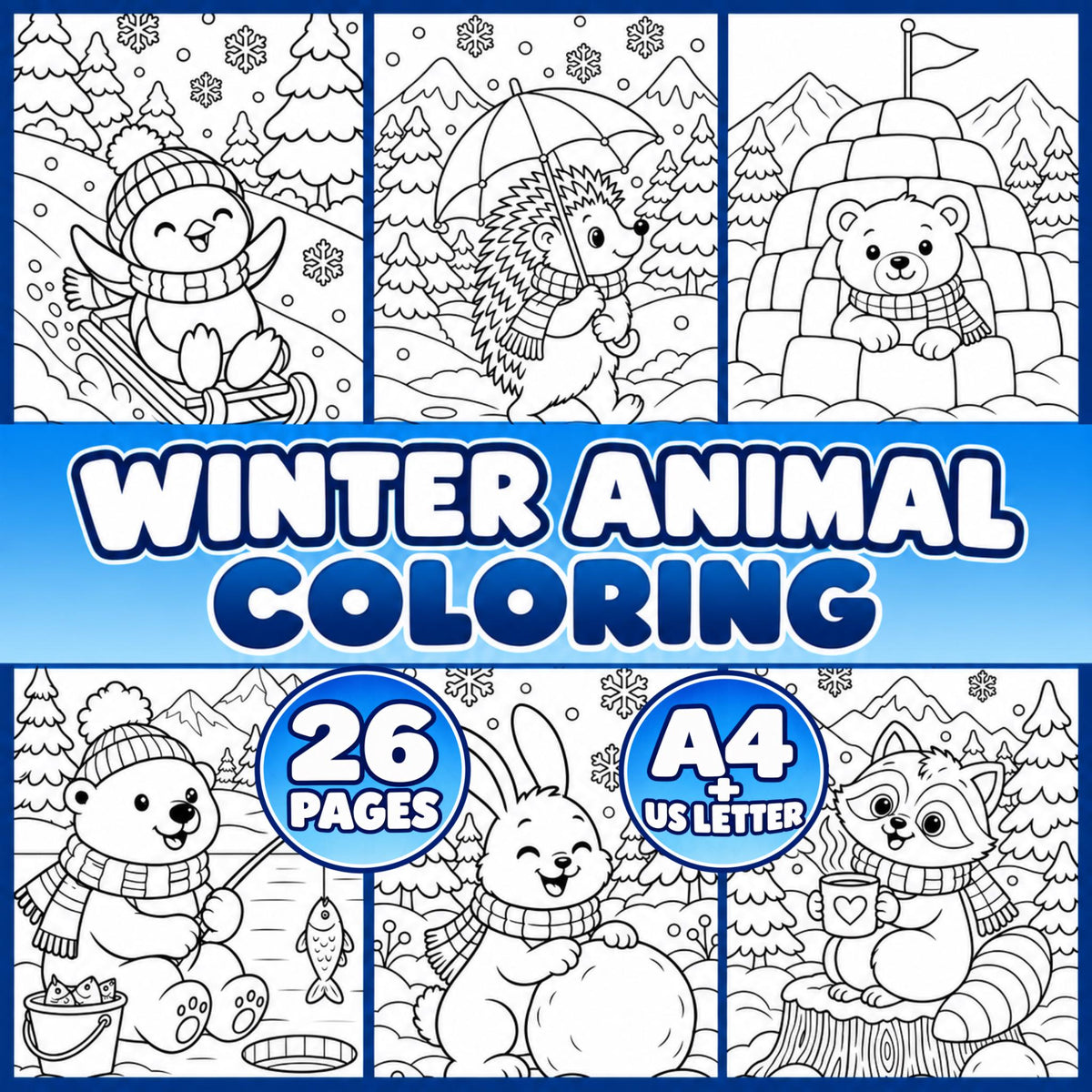 Winter Animal Coloring Printable for Kids, Winter Colouring Pages, Winter Coloring Book, Snow Activities, Winter Party A