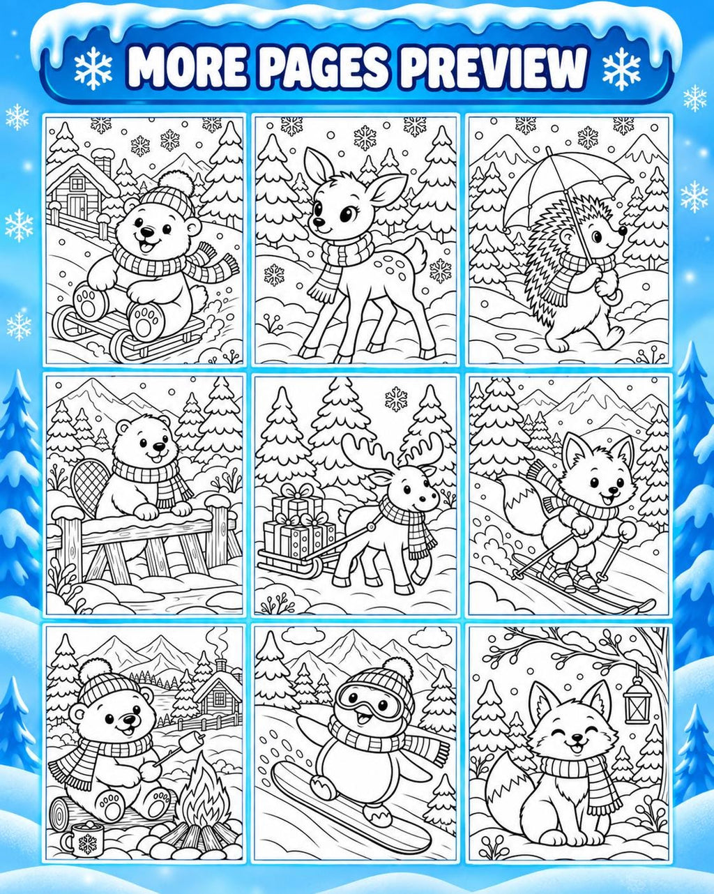 Winter Animal Coloring Printable for Kids, Winter Colouring Pages, Winter Coloring Book, Snow Activities, Winter Party Activity
