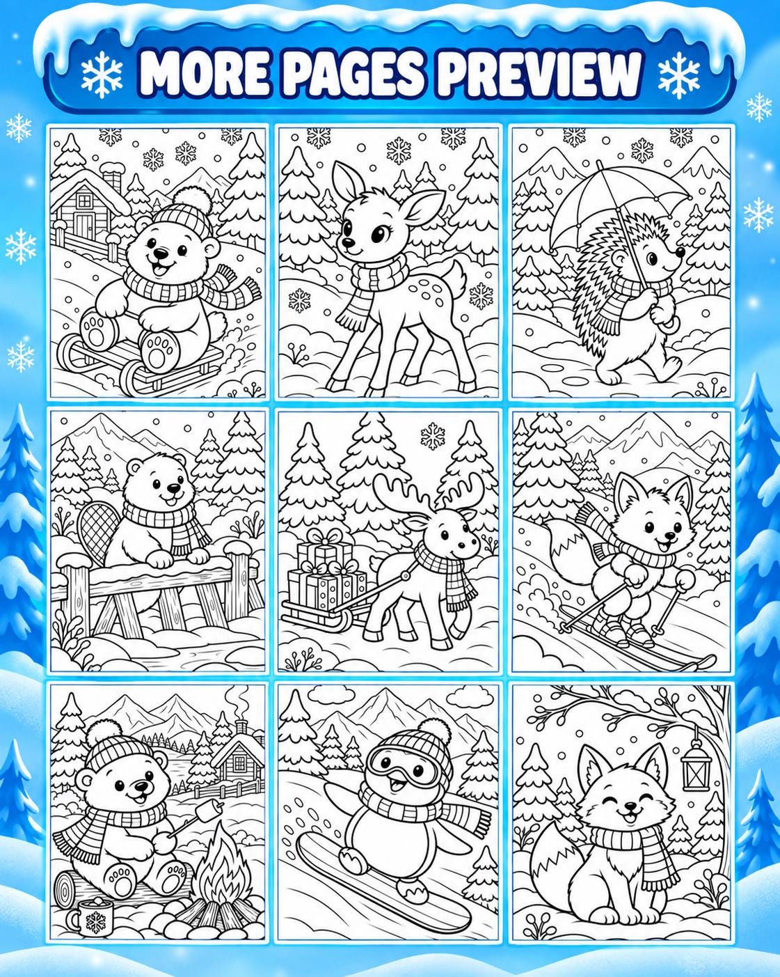 Winter Animal Coloring Printable for Kids, Winter Colouring Pages, Winter Coloring Book, Snow Activities, Winter Party Activity