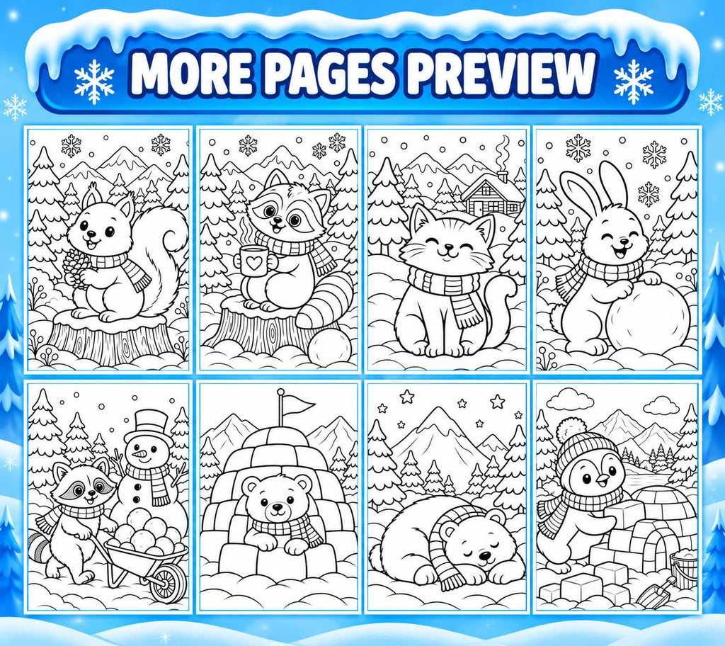 Winter Animal Coloring Printable for Kids, Winter Colouring Pages, Winter Coloring Book, Snow Activities, Winter Party Activity