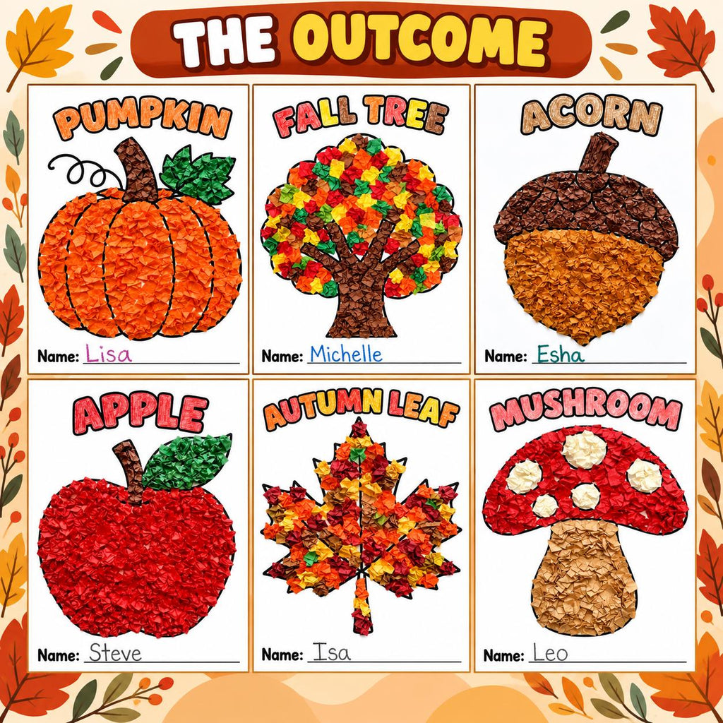 Fall Tissue Paper Craft for Kids, Autumn Craft Activity, Kids Fall Craft, Fine Motor Craft, Pumpkin Apple Leaf Tree Mushroom Acorn