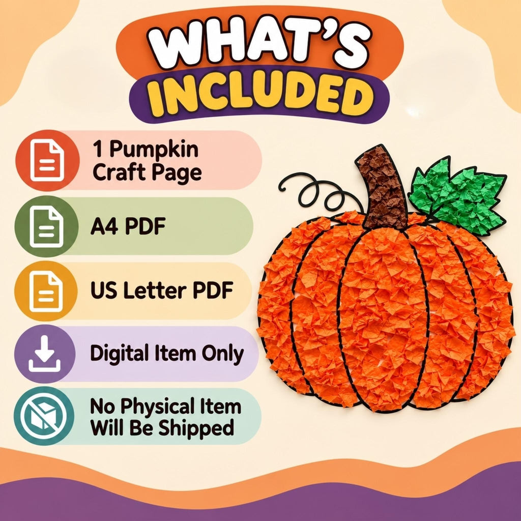 Pumpkin Tissue Paper Craft for Kids, Pumpkin Craft Printable PDF, Fall Pumpkin Craft, Halloween Craft, Autumn Craft, Kids Halloween Activity