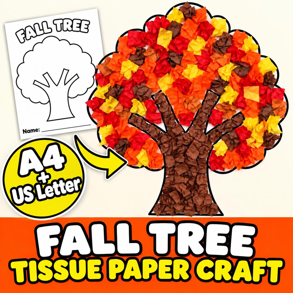 Fall Tree Craft for Kids, Autumn Tree Craft, Tissue Paper Craft, Fall Tree Art Activity, Autumn Tissue Paper Art, Fall T