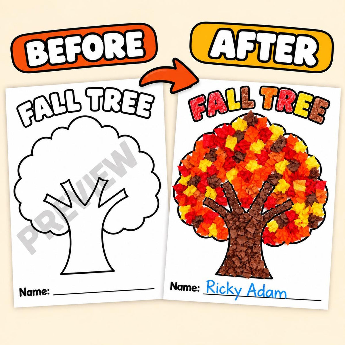 Fall Tree Craft for Kids, Autumn Tree Craft, Tissue Paper Craft, Fall Tree Art Activity, Autumn Tissue Paper Art, Fall Tree Printable
