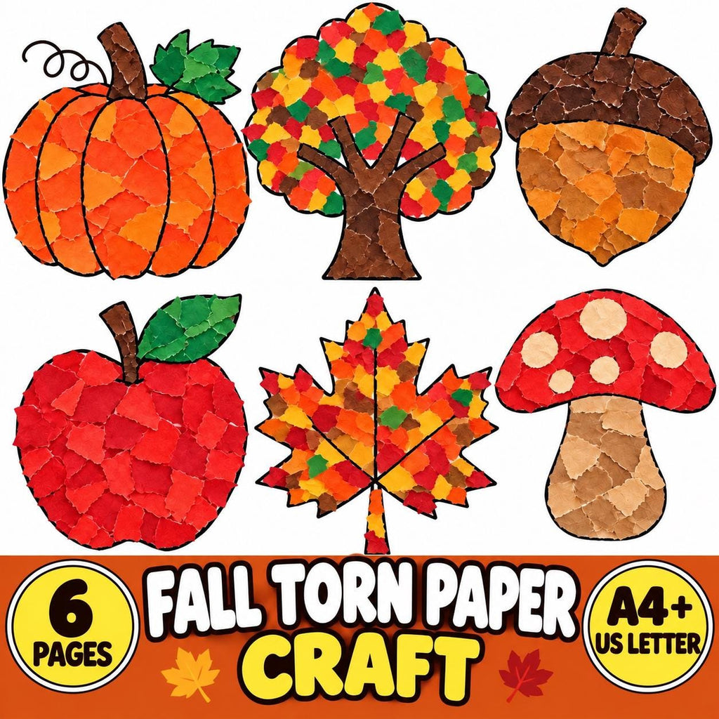 Fall Torn Paper Craft for Kids, Autumn Torn Paper Craft, Fall Paper Craft Printable, Pumpkin Apple Leaf Acorn Mushroom T