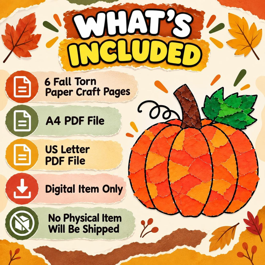 Fall Torn Paper Craft for Kids, Autumn Torn Paper Craft, Fall Paper Craft Printable, Pumpkin Apple Leaf Acorn Mushroom Tree Craft