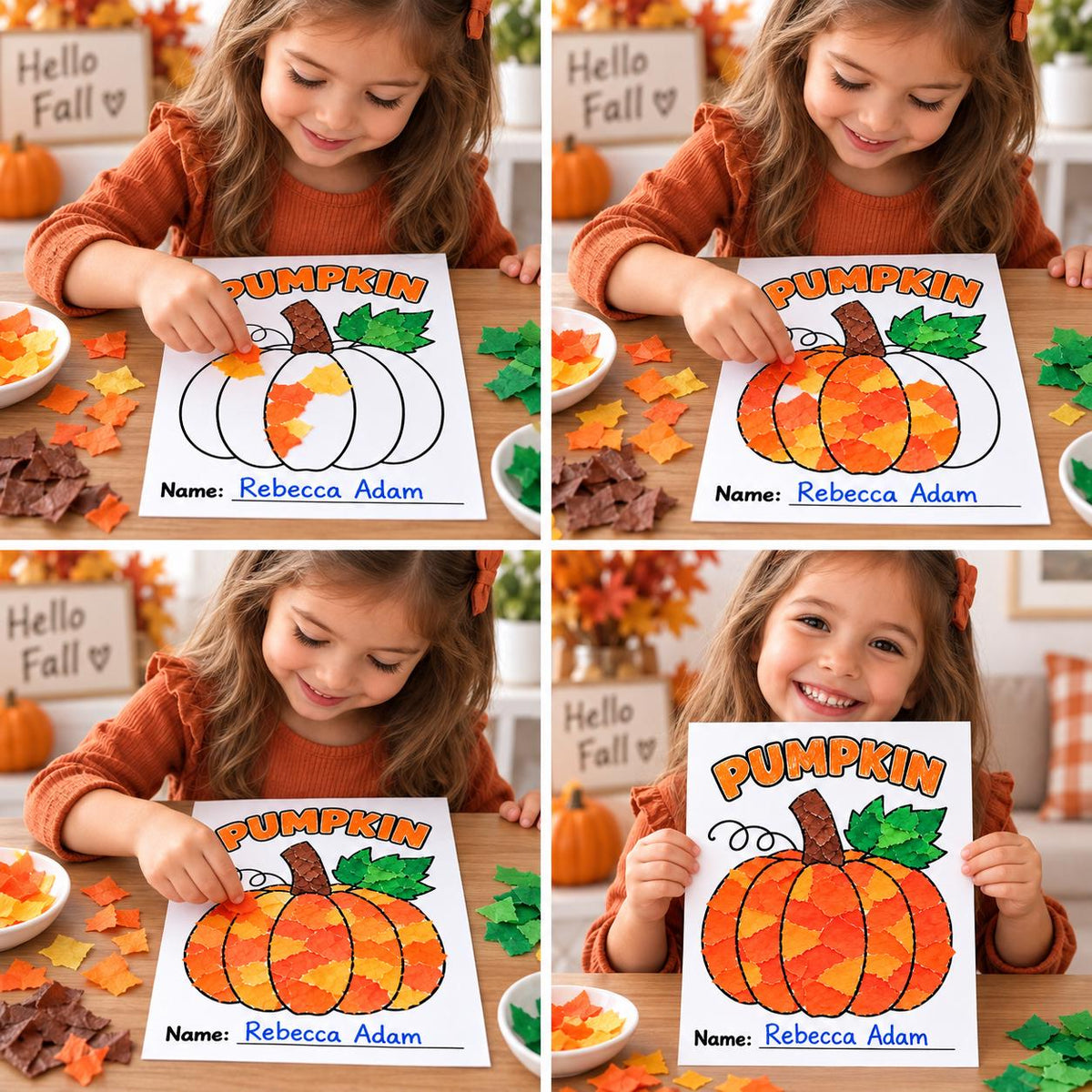 Fall Torn Paper Craft for Kids, Autumn Torn Paper Craft, Fall Paper Craft Printable, Pumpkin Apple Leaf Acorn Mushroom Tree Craft