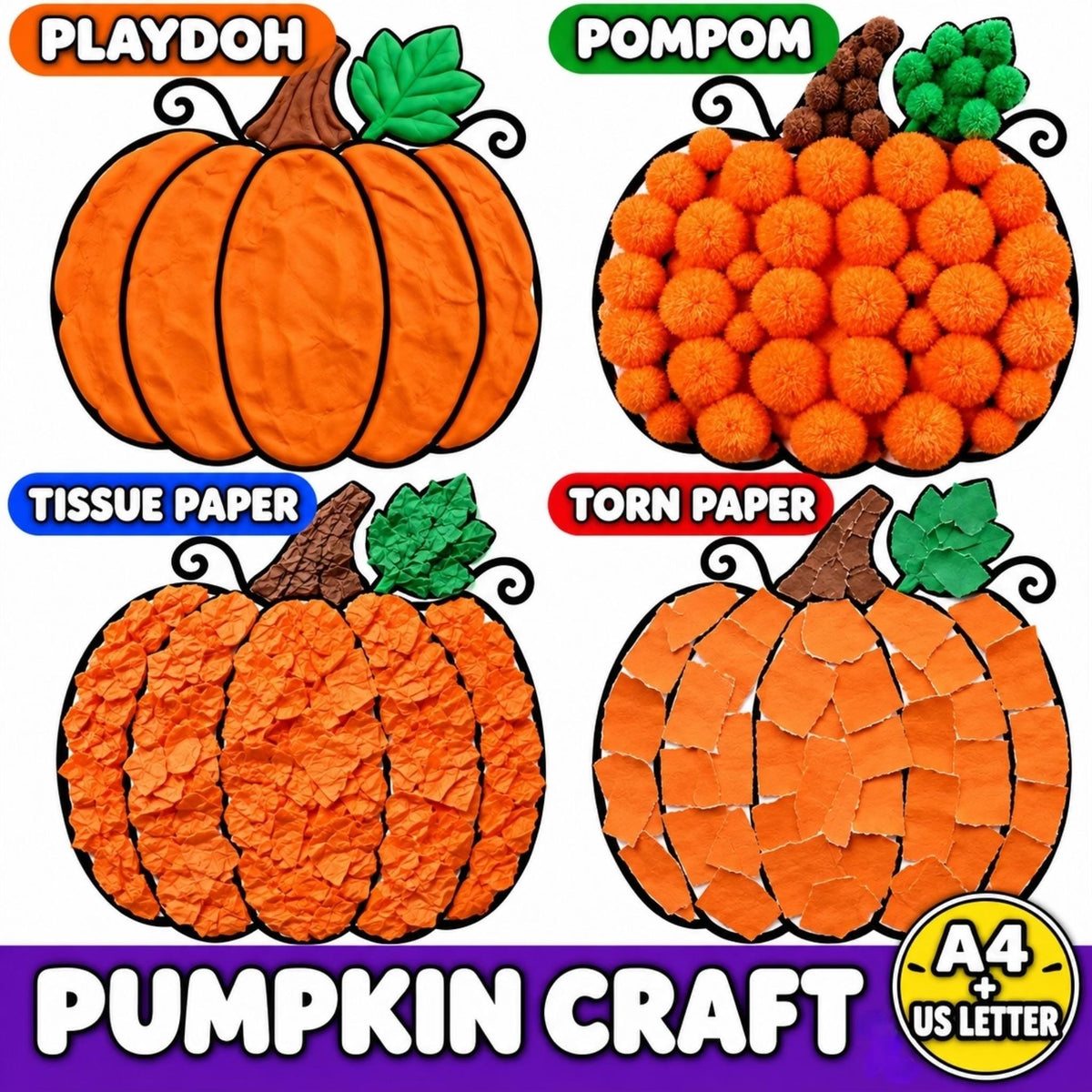 Pumpkin Craft for Kids, Pumpkin Tissue Paper Craft, Pumpkin Torn Paper Craft, Pumpkin Pom Pom Craft, Pumpkin Playdough, 