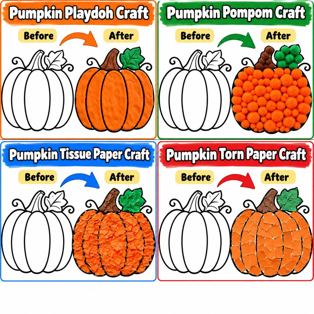 Pumpkin Craft for Kids, Pumpkin Tissue Paper Craft, Pumpkin Torn Paper Craft, Pumpkin Pom Pom Craft, Pumpkin Playdough, Fall Halloween Craft