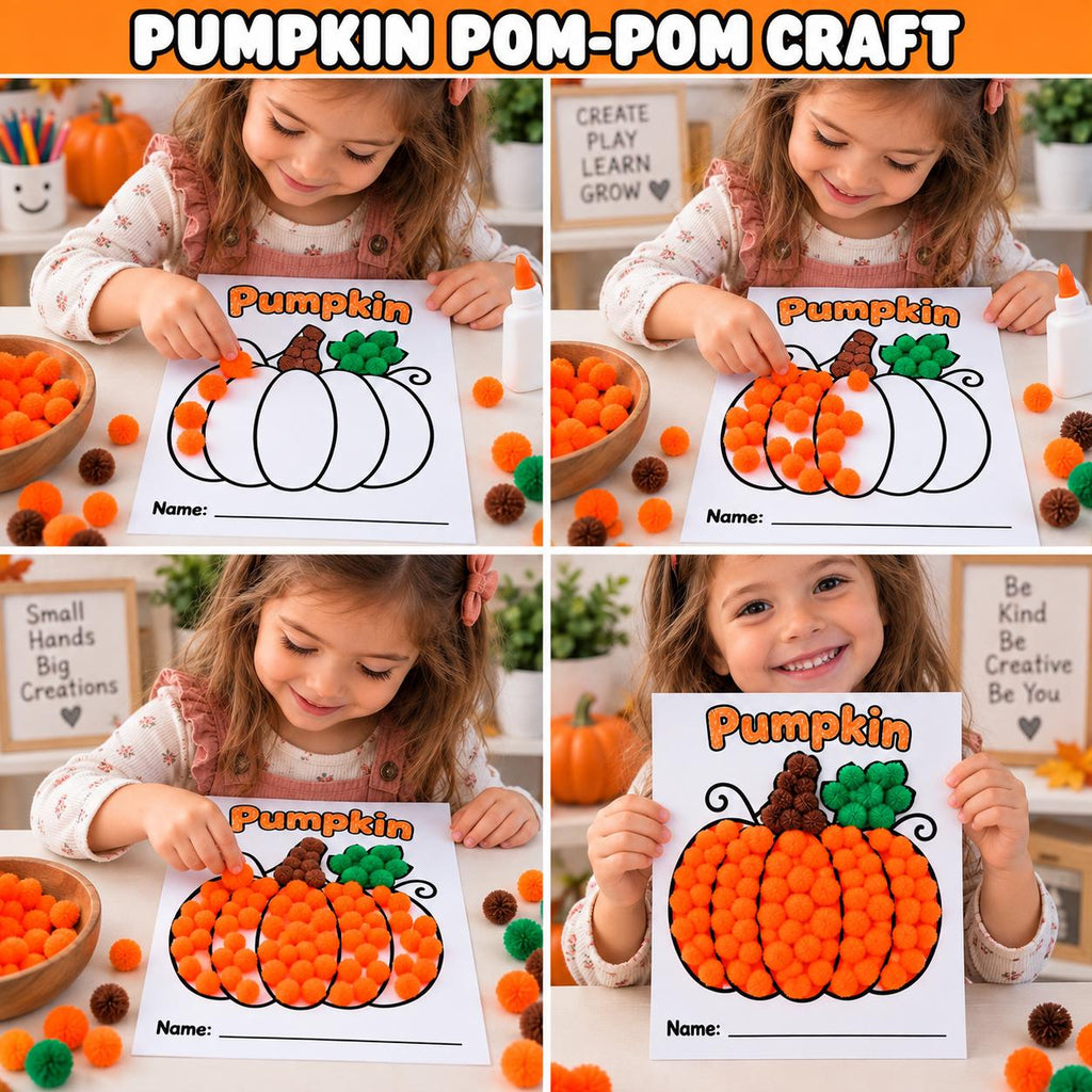 Pumpkin Craft for Kids, Pumpkin Tissue Paper Craft, Pumpkin Torn Paper Craft, Pumpkin Pom Pom Craft, Pumpkin Playdough, Fall Halloween Craft