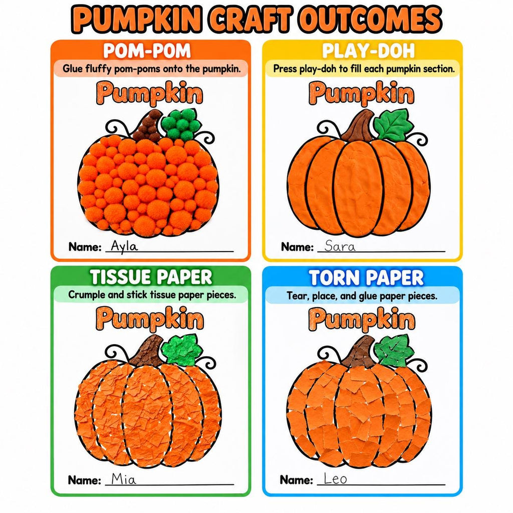 Pumpkin Craft for Kids, Pumpkin Tissue Paper Craft, Pumpkin Torn Paper Craft, Pumpkin Pom Pom Craft, Pumpkin Playdough, Fall Halloween Craft