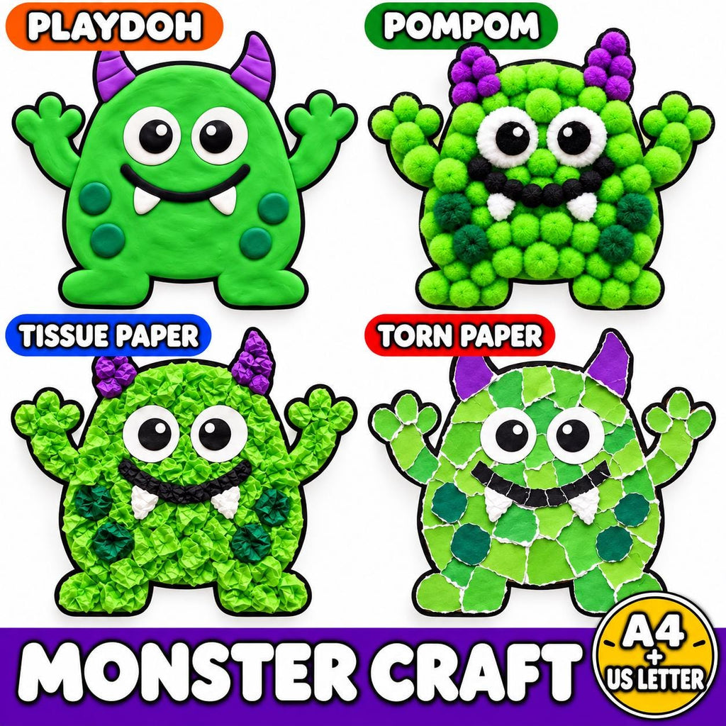 Monster Craft for Kids, Monster Tissue Paper Craft, Monster Torn Paper Craft, Monster Pom Pom Craft, Playdough Activity,