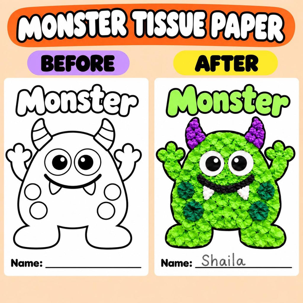 Monster Craft for Kids, Monster Tissue Paper Craft, Monster Torn Paper Craft, Monster Pom Pom Craft, Playdough Activity, Halloween Craft