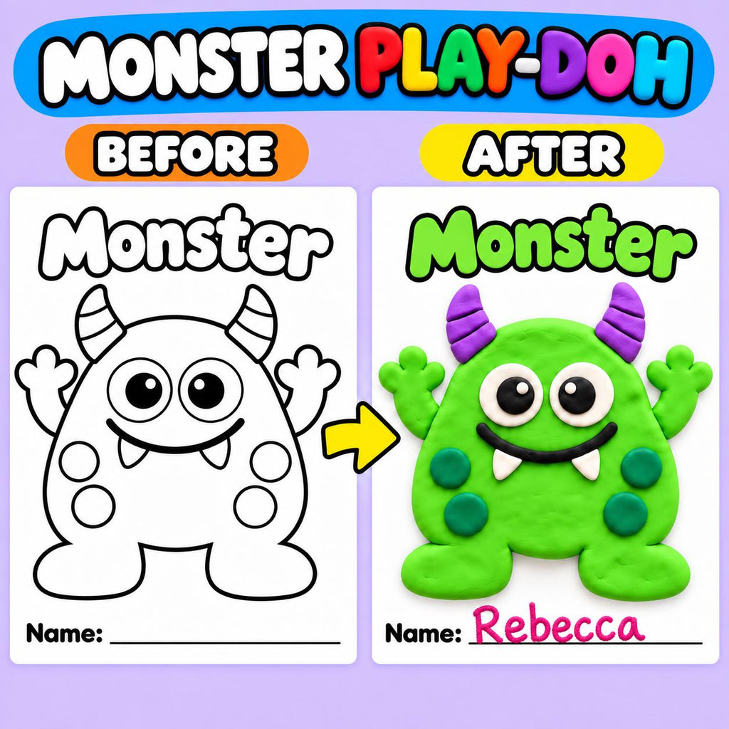 Monster Craft for Kids, Monster Tissue Paper Craft, Monster Torn Paper Craft, Monster Pom Pom Craft, Playdough Activity, Halloween Craft
