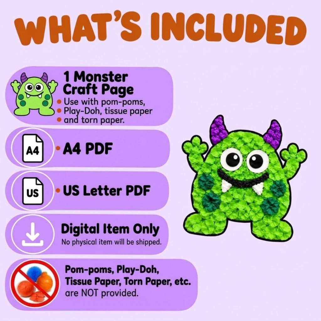 Monster Craft for Kids, Monster Tissue Paper Craft, Monster Torn Paper Craft, Monster Pom Pom Craft, Playdough Activity, Halloween Craft