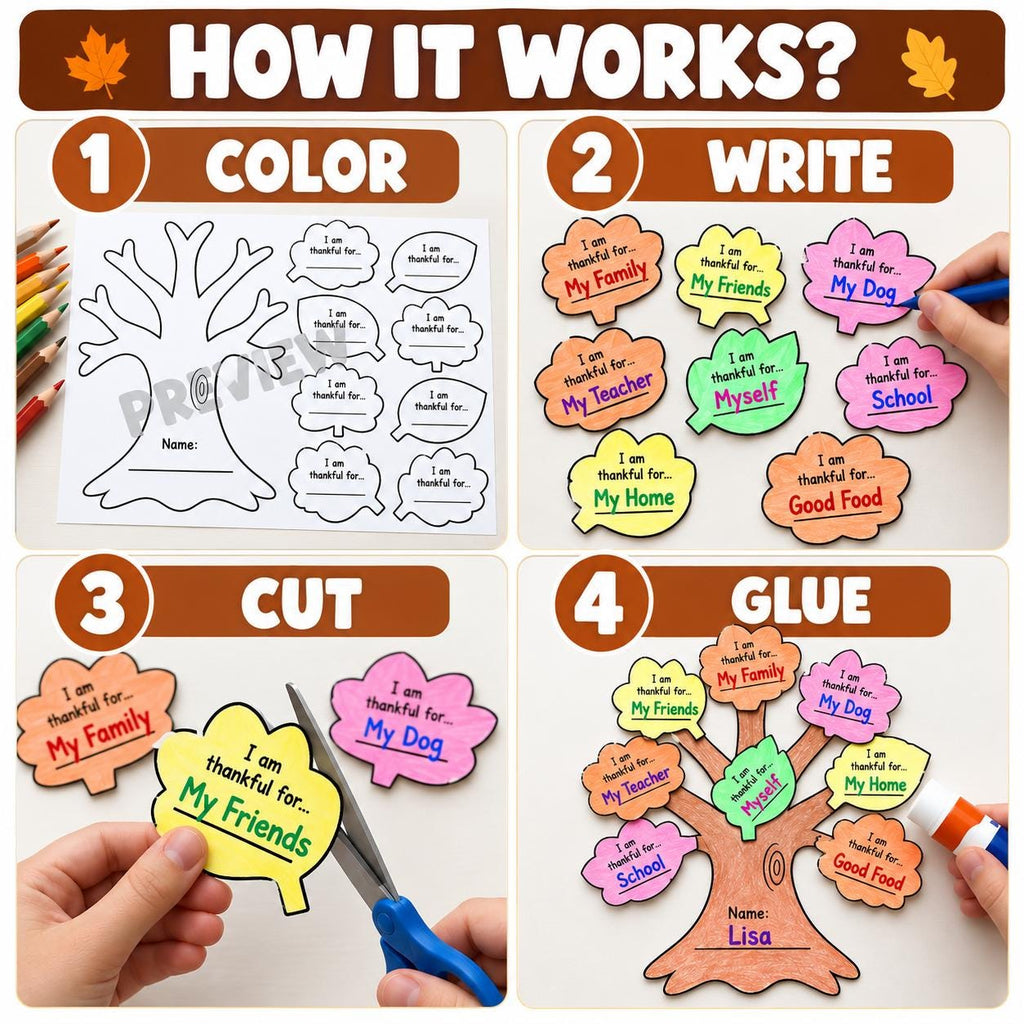 Thanksgiving Gratitude Tree Craft, Thankful Tree Cut and Paste Activity, Fall Craft, Fall Classroom Bulletin Board, Autumn Craft for Kids