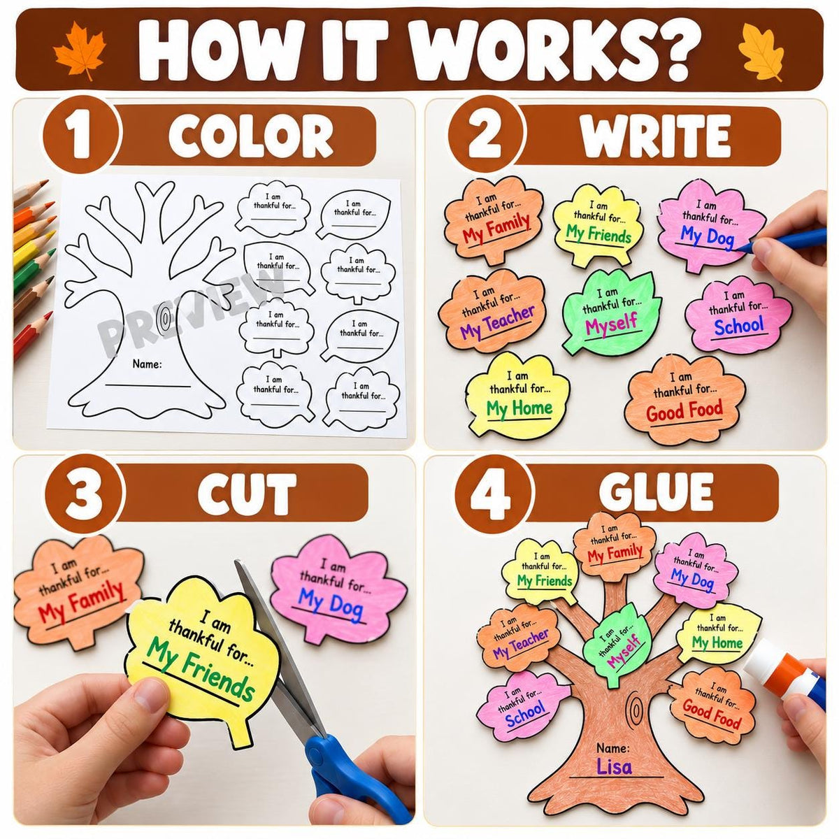 Thanksgiving Gratitude Tree Craft, Thankful Tree Cut and Paste Activity, Fall Craft, Fall Classroom Bulletin Board, Autumn Craft for Kids