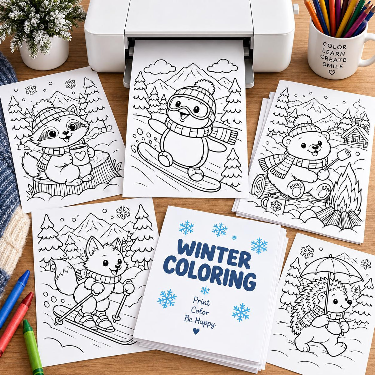 Winter Animal Coloring Printable for Kids, Winter Colouring Pages, Winter Coloring Book, Snow Activities, Winter Party Activity