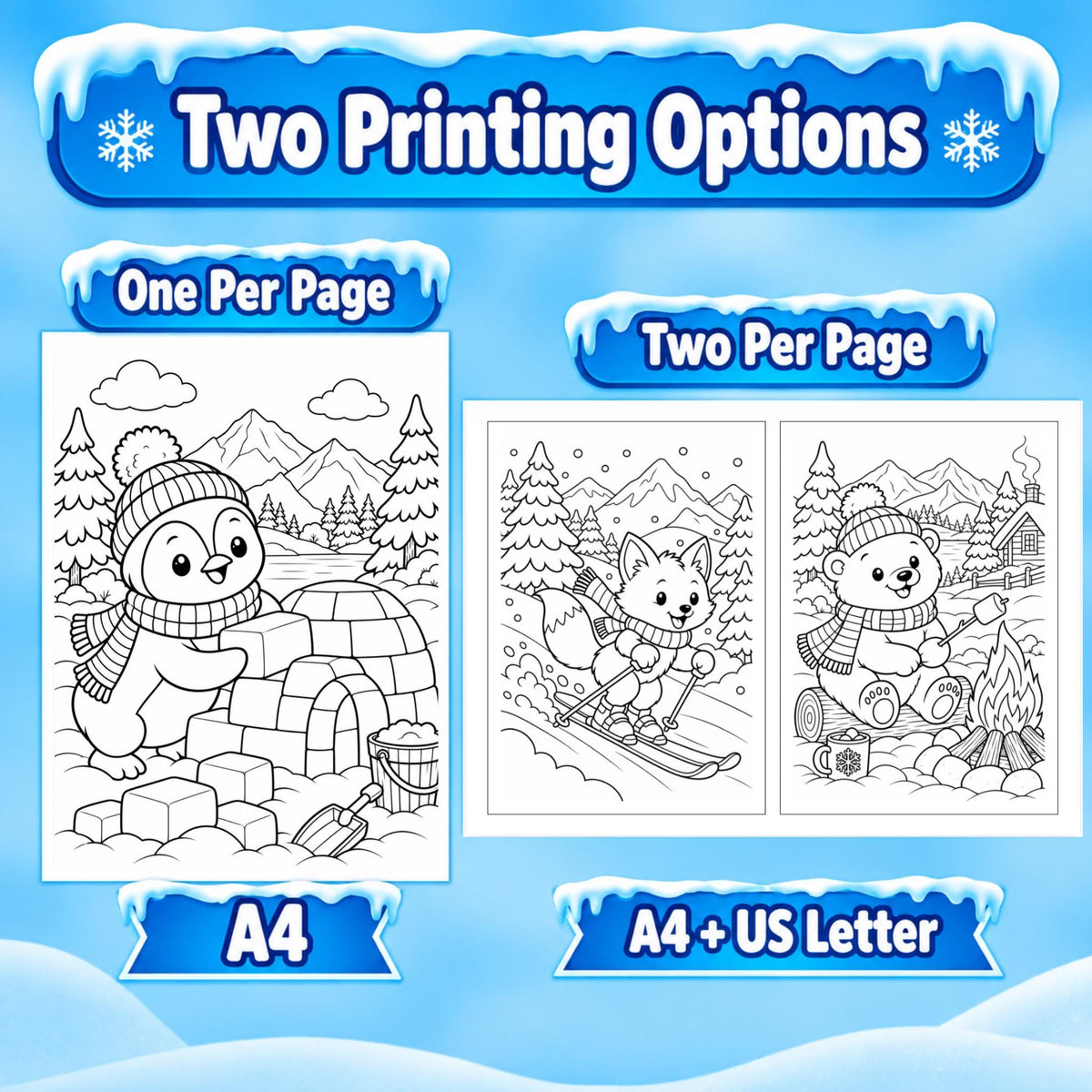 Winter Animal Coloring Printable for Kids, Winter Colouring Pages, Winter Coloring Book, Snow Activities, Winter Party Activity
