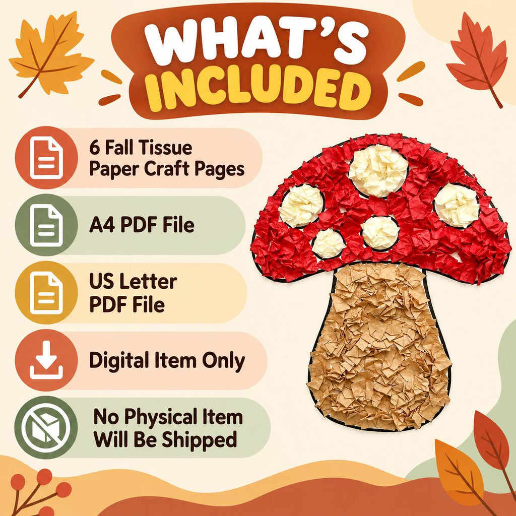 Fall Tissue Paper Craft for Kids, Autumn Craft Activity, Kids Fall Craft, Fine Motor Craft, Pumpkin Apple Leaf Tree Mushroom Acorn