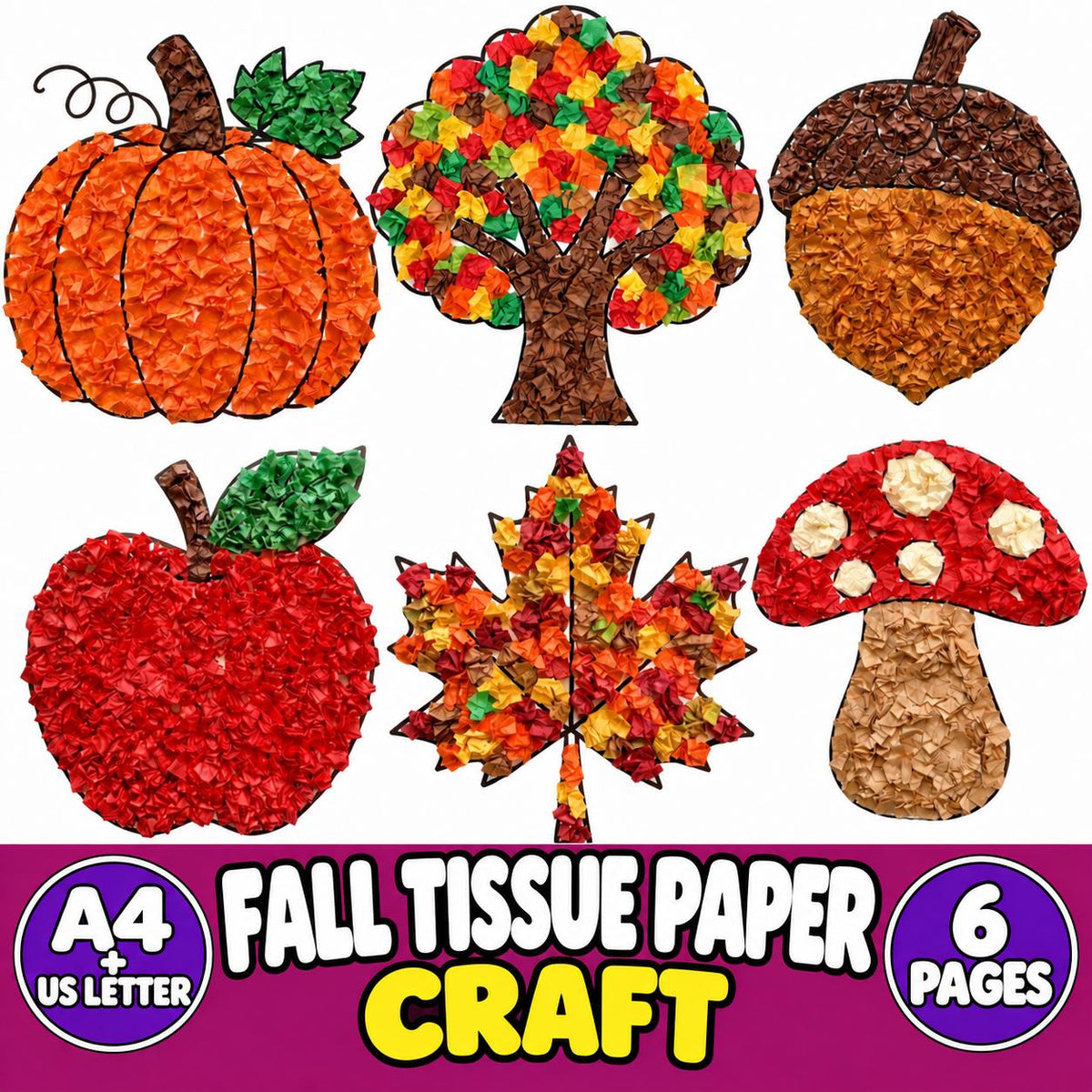 Fall Tissue Paper Craft for Kids, Autumn Craft Activity, Kids Fall Craft, Fine Motor Craft, Pumpkin Apple Leaf Tree Mush