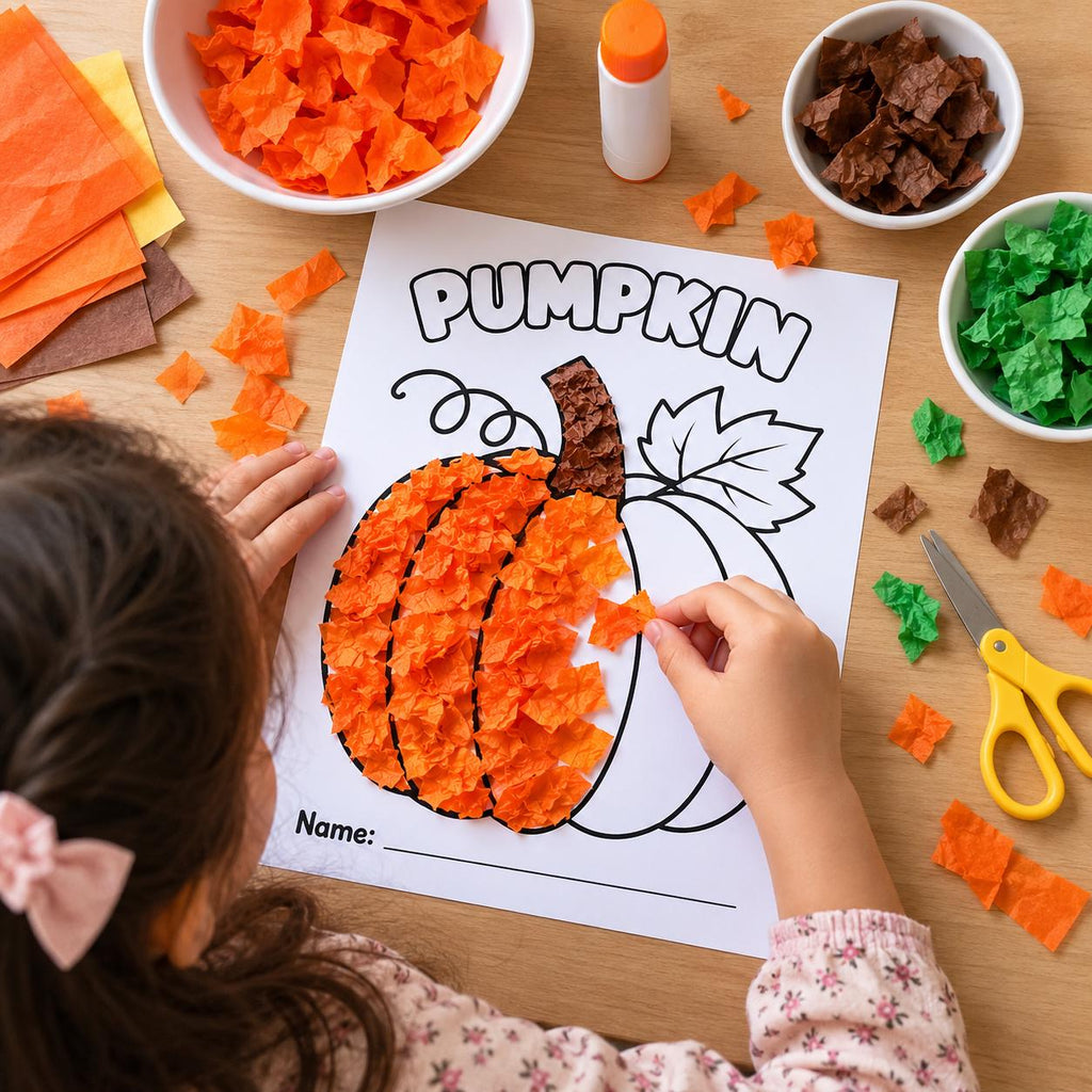 Fall Tissue Paper Craft for Kids, Autumn Craft Activity, Kids Fall Craft, Fine Motor Craft, Pumpkin Apple Leaf Tree Mushroom Acorn