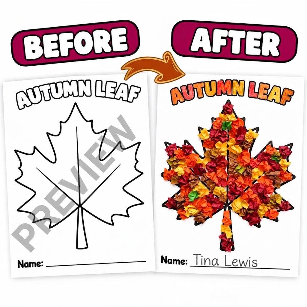 Fall Leaf Craft for Kids Printable, Tissue Paper Craft, Autumn Leaf Craft, Fall Leaf Printable, Tissue Paper Art Activity, Autumn Craft