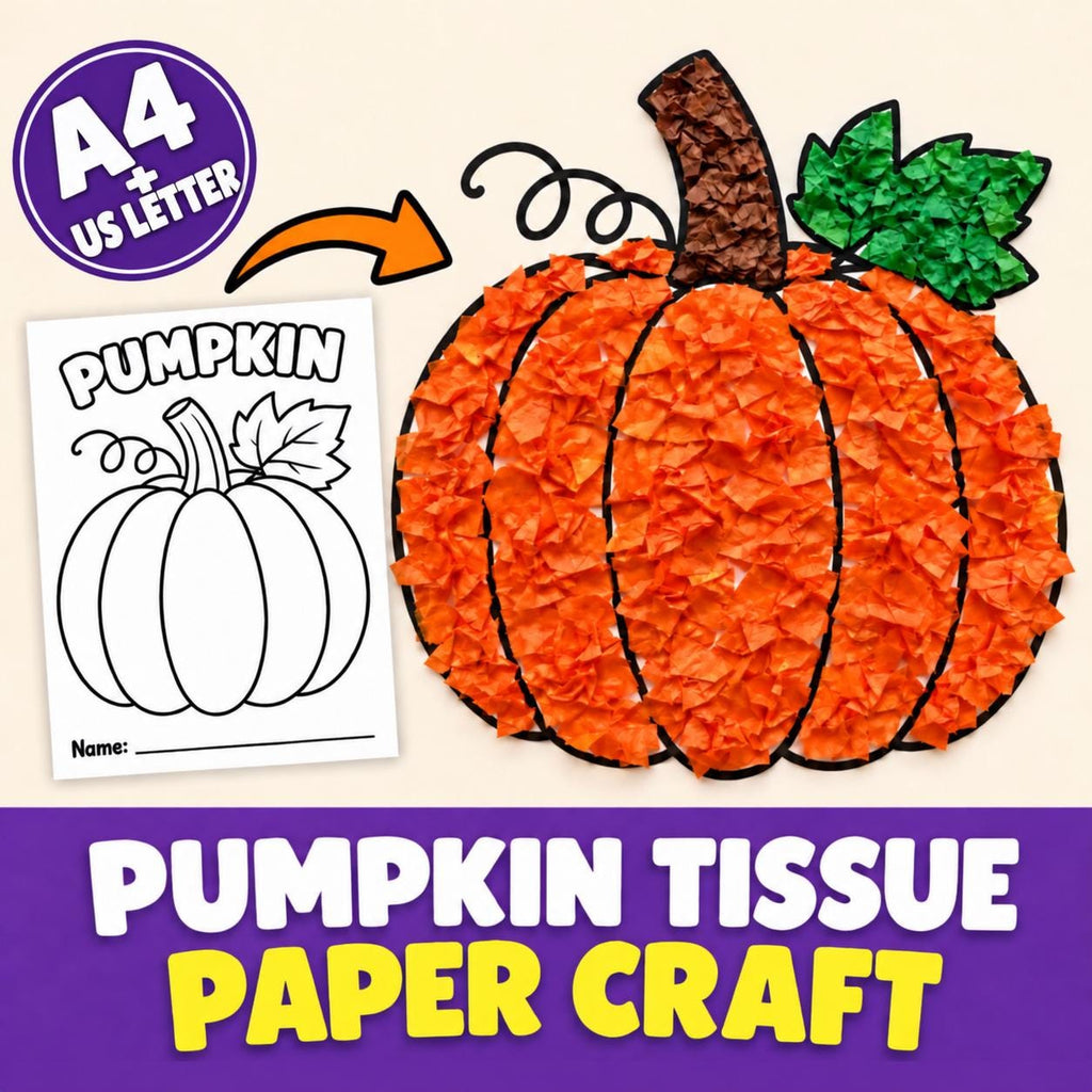 Pumpkin Tissue Paper Craft for Kids, Pumpkin Craft Printable PDF, Fall Pumpkin Craft, Halloween Craft, Autumn Craft, Kid