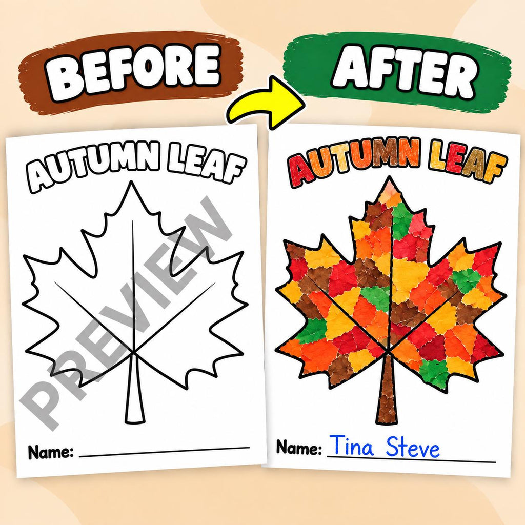 Fall Torn Paper Craft for Kids, Autumn Torn Paper Craft, Fall Paper Craft Printable, Pumpkin Apple Leaf Acorn Mushroom Tree Craft