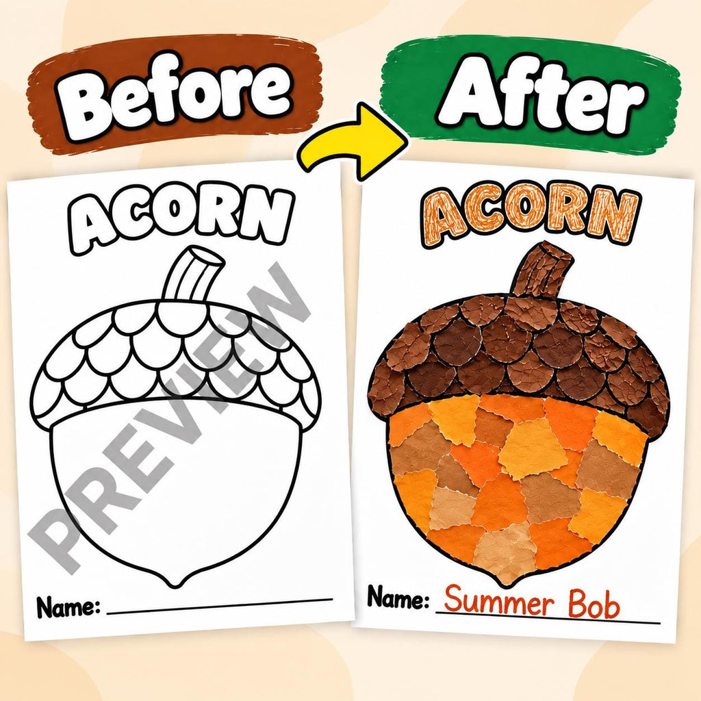 Fall Torn Paper Craft for Kids, Autumn Torn Paper Craft, Fall Paper Craft Printable, Pumpkin Apple Leaf Acorn Mushroom Tree Craft