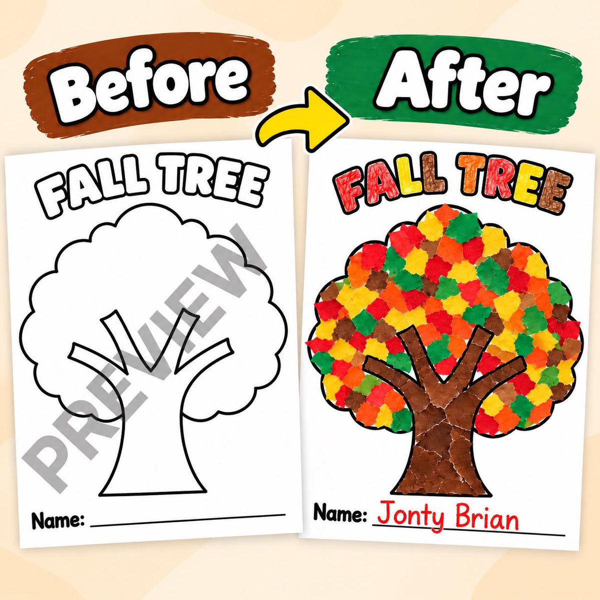 Fall Torn Paper Craft for Kids, Autumn Torn Paper Craft, Fall Paper Craft Printable, Pumpkin Apple Leaf Acorn Mushroom Tree Craft