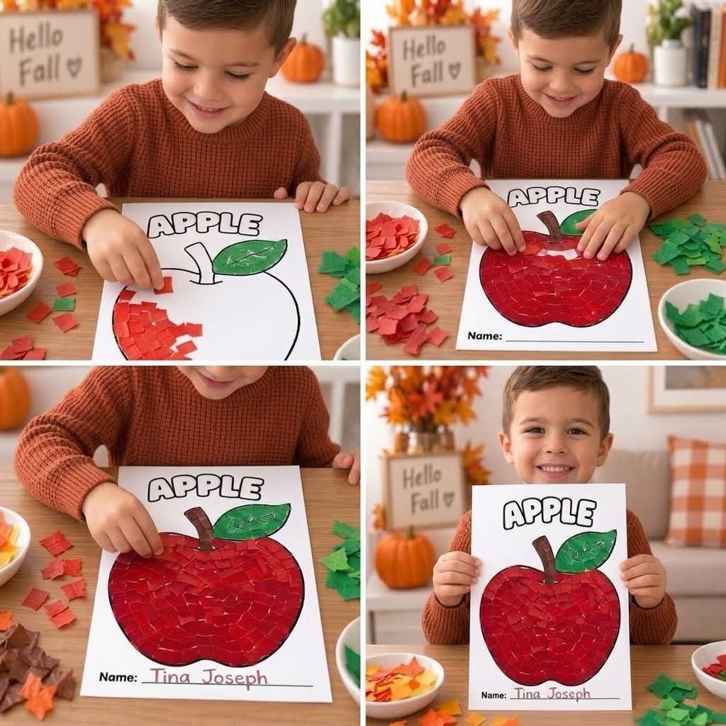 Apple Torn Paper Craft for Kids, Fall Apple Craft,  Autumn Craft, Kids Fall Craft Activity,  Autumn Apple Activity, Printable PDF