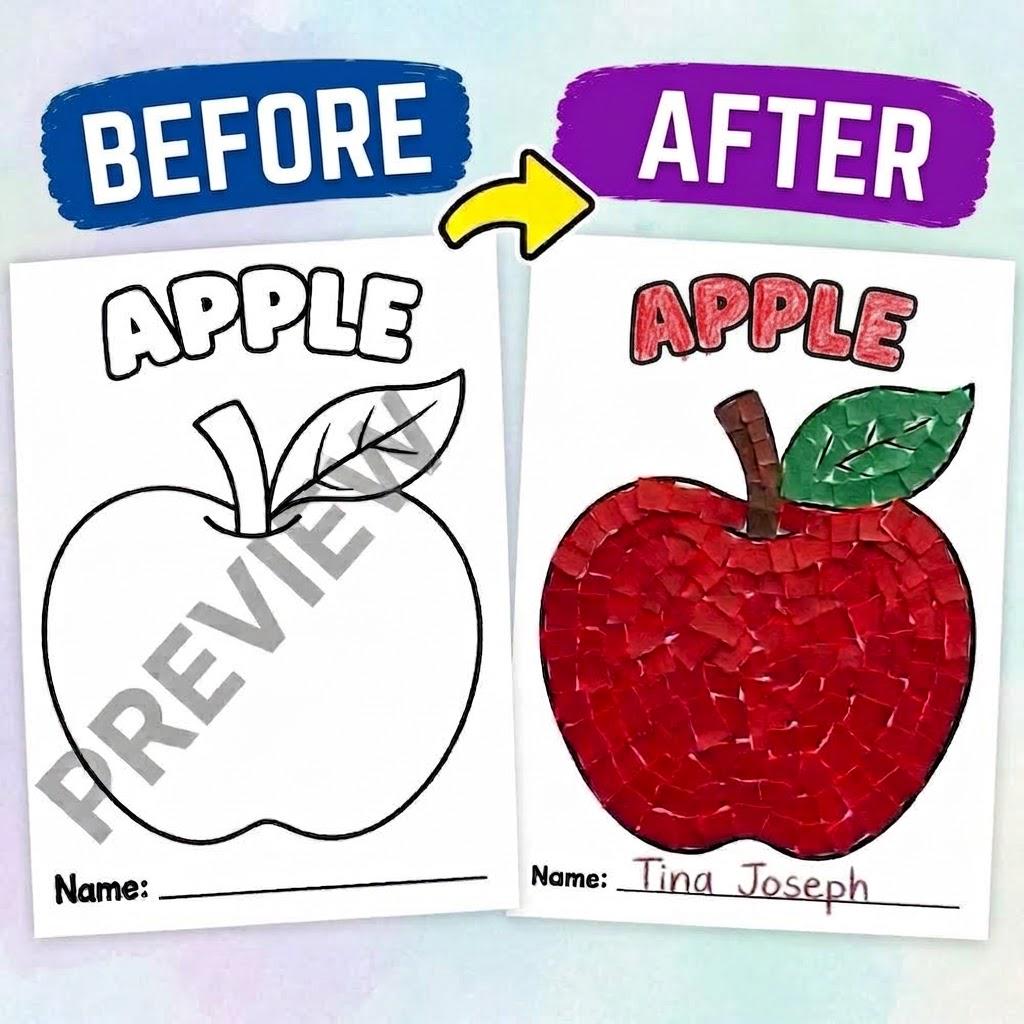 Apple Torn Paper Craft for Kids, Fall Apple Craft,  Autumn Craft, Kids Fall Craft Activity,  Autumn Apple Activity, Printable PDF
