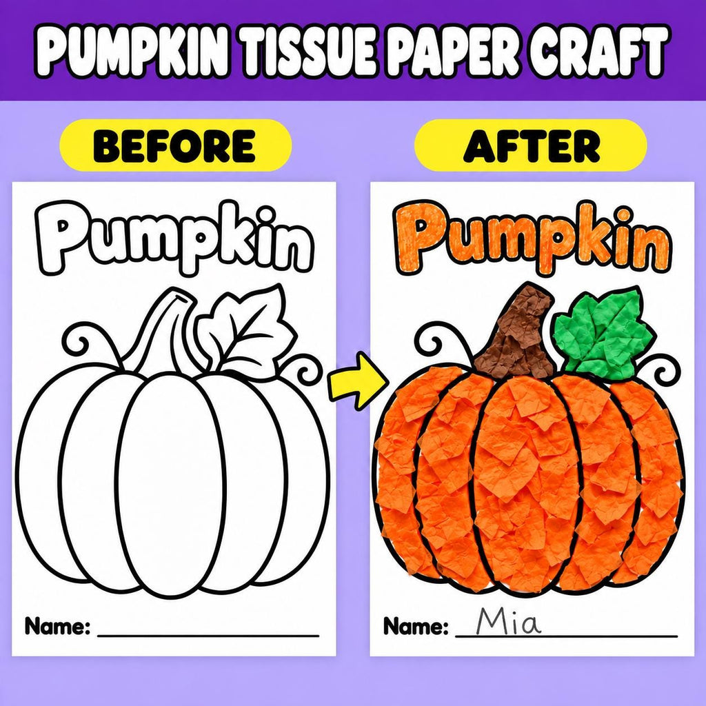 Pumpkin Craft for Kids, Pumpkin Tissue Paper Craft, Pumpkin Torn Paper Craft, Pumpkin Pom Pom Craft, Pumpkin Playdough, Fall Halloween Craft