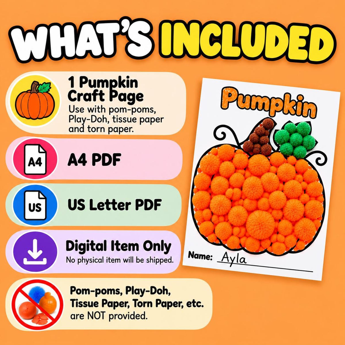 Pumpkin Craft for Kids, Pumpkin Tissue Paper Craft, Pumpkin Torn Paper Craft, Pumpkin Pom Pom Craft, Pumpkin Playdough, Fall Halloween Craft