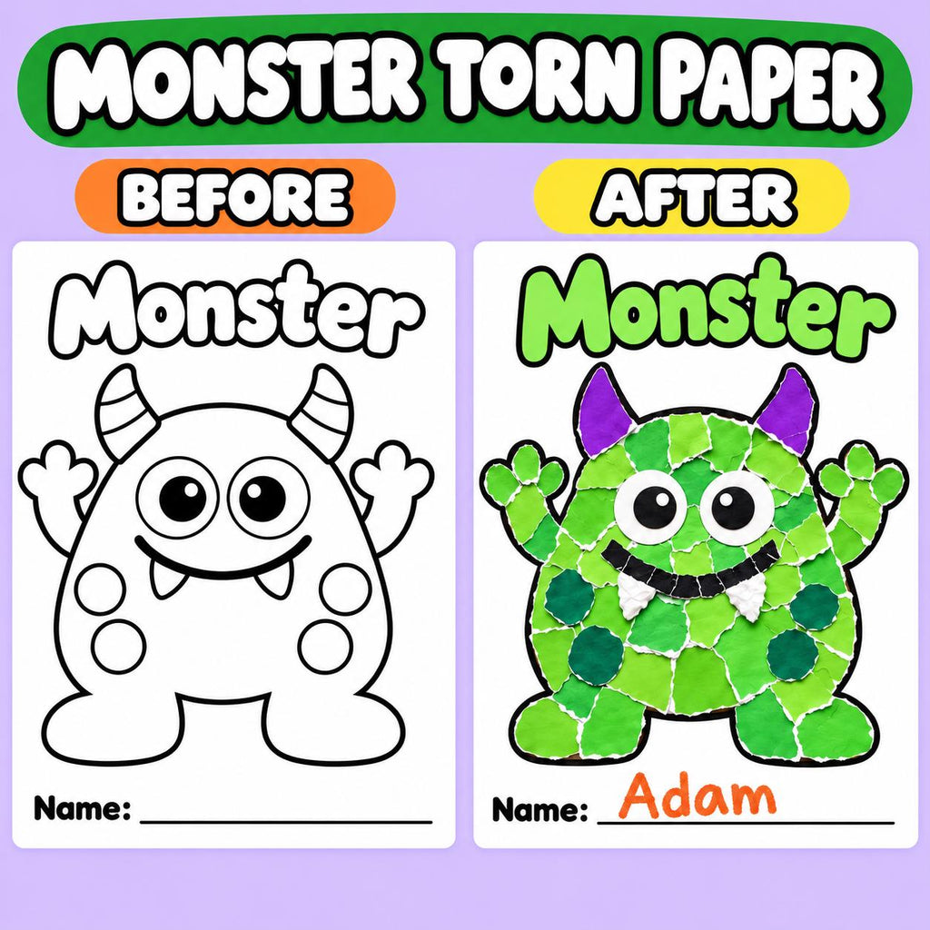 Monster Craft for Kids, Monster Tissue Paper Craft, Monster Torn Paper Craft, Monster Pom Pom Craft, Playdough Activity, Halloween Craft