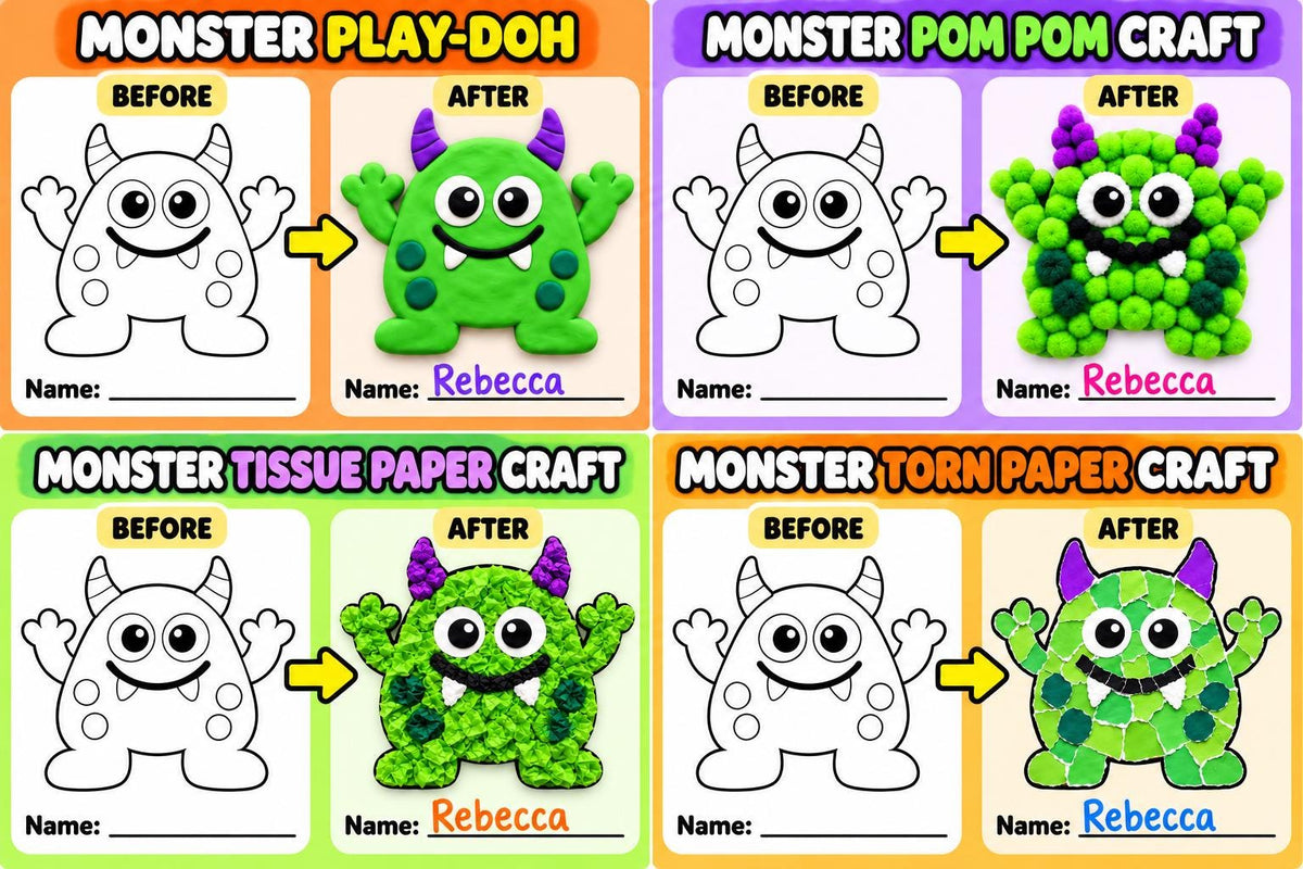 Monster Craft for Kids, Monster Tissue Paper Craft, Monster Torn Paper Craft, Monster Pom Pom Craft, Playdough Activity, Halloween Craft
