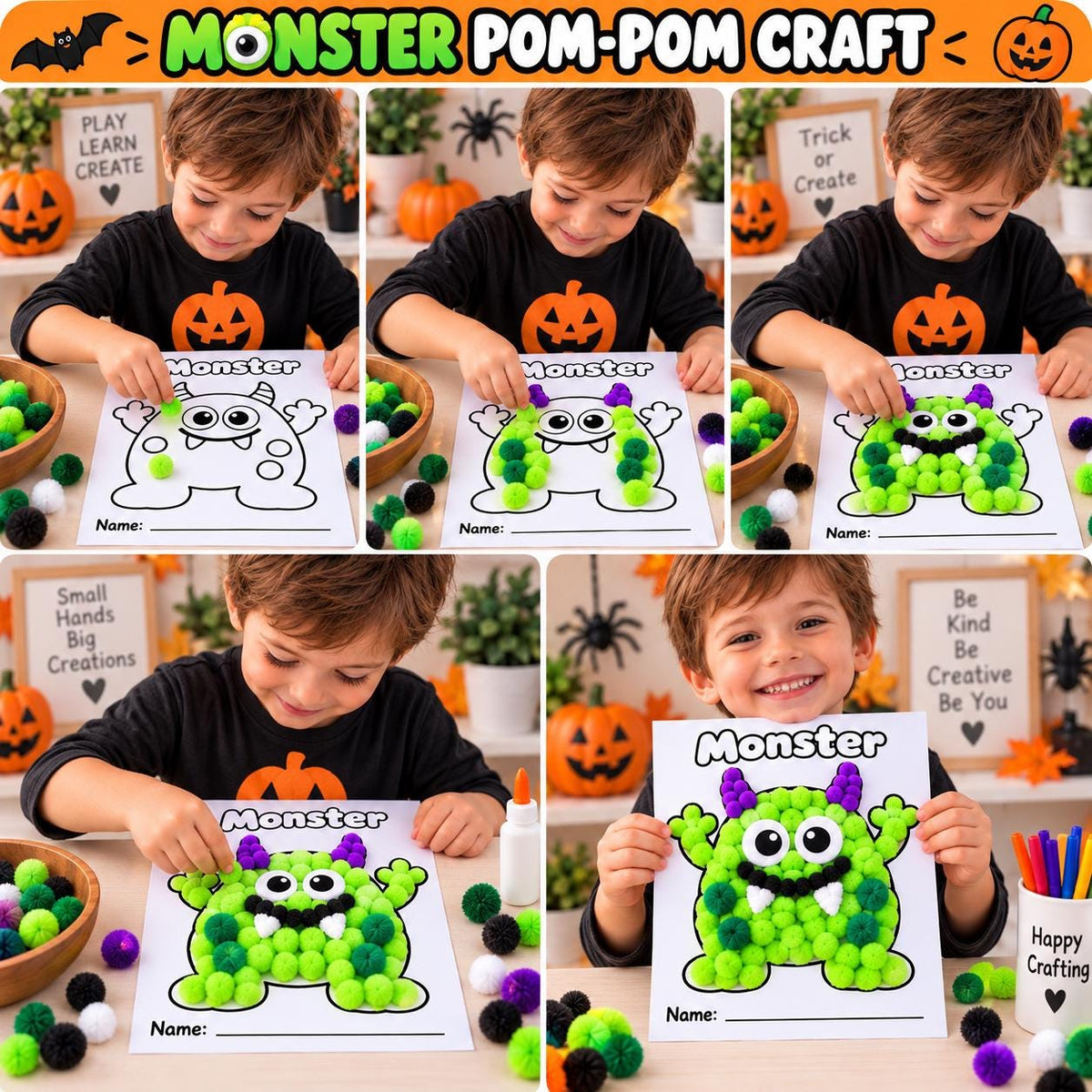 Monster Craft for Kids, Monster Tissue Paper Craft, Monster Torn Paper Craft, Monster Pom Pom Craft, Playdough Activity, Halloween Craft