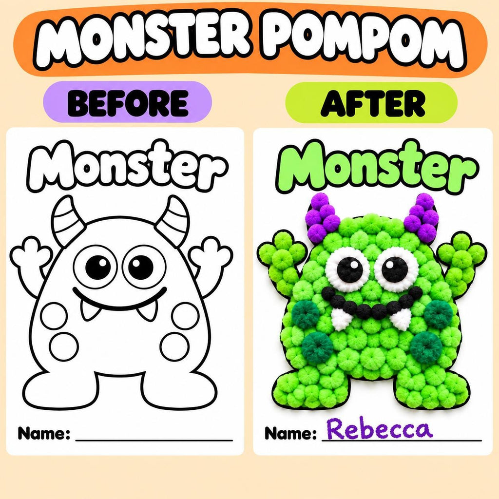 Monster Craft for Kids, Monster Tissue Paper Craft, Monster Torn Paper Craft, Monster Pom Pom Craft, Playdough Activity, Halloween Craft