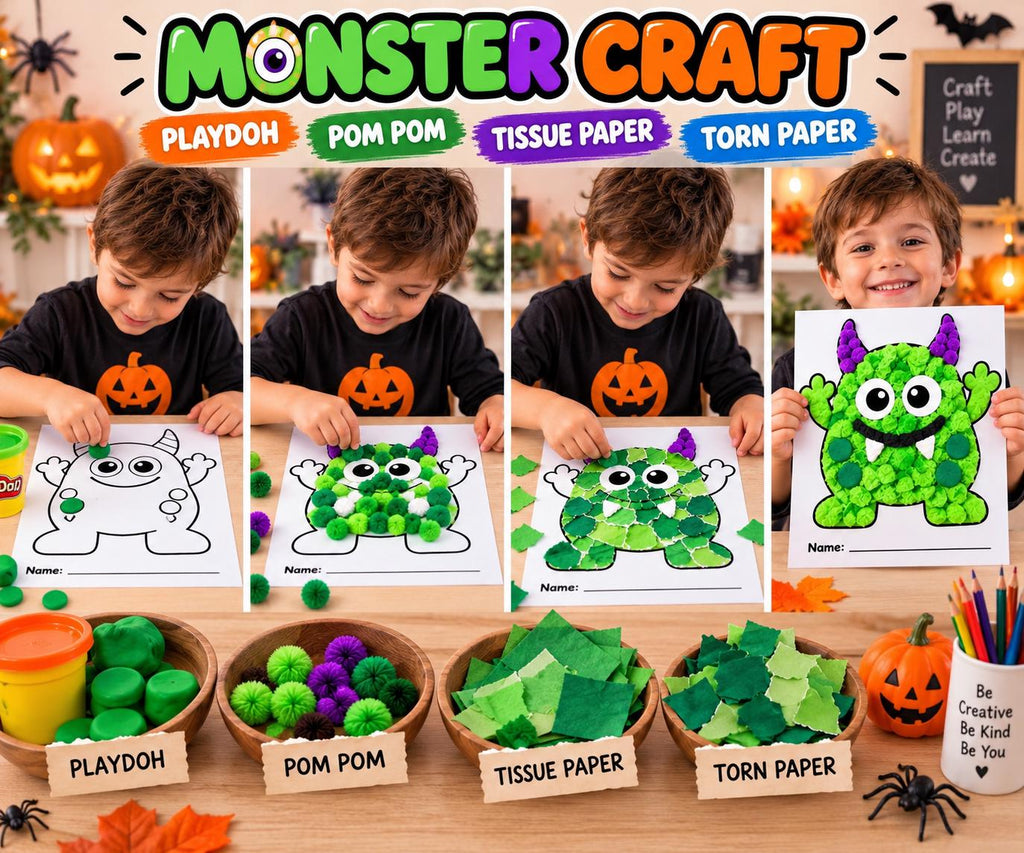 Monster Craft for Kids, Monster Tissue Paper Craft, Monster Torn Paper Craft, Monster Pom Pom Craft, Playdough Activity, Halloween Craft