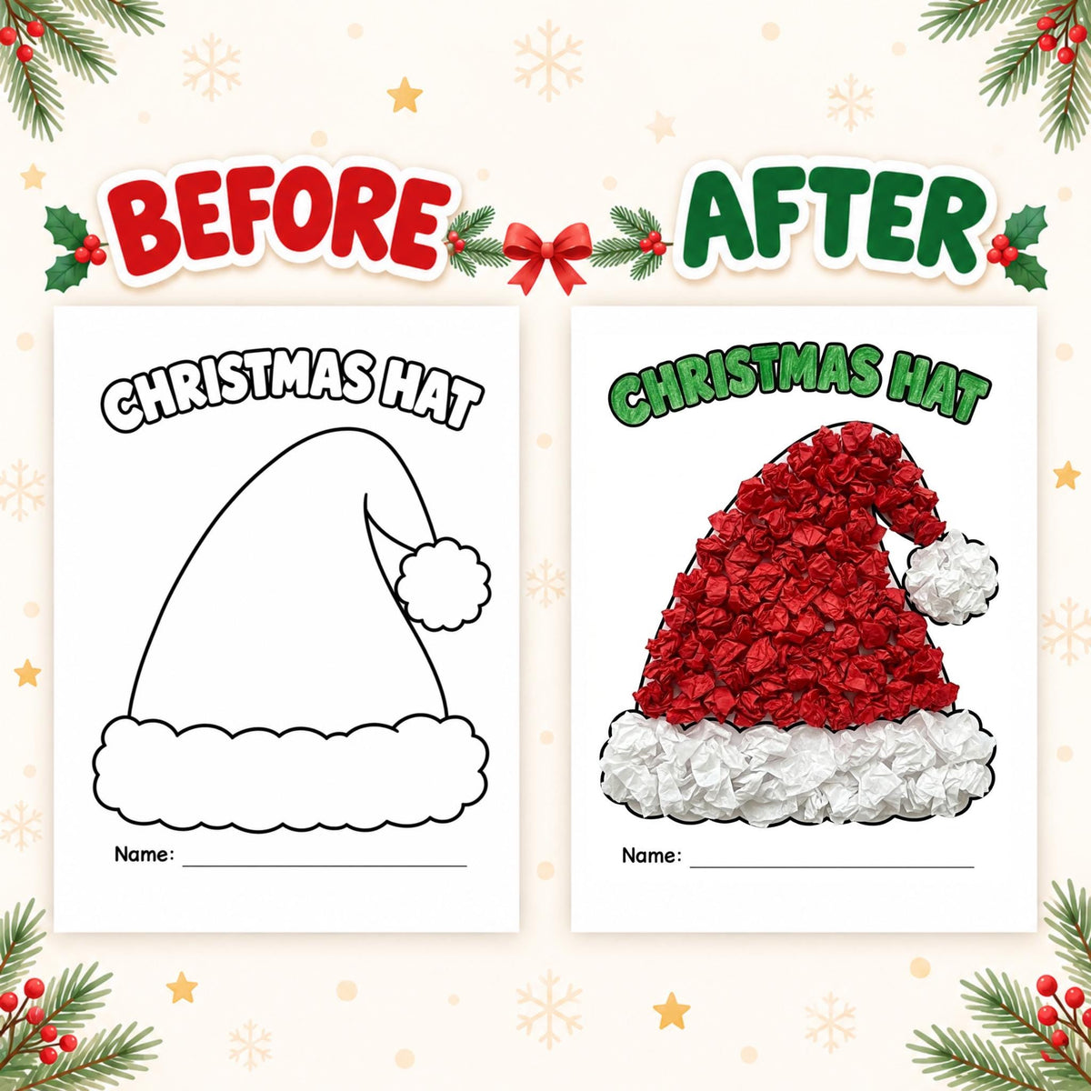 Christmas Tissue Paper Craft for Kids, 6 Christmas Craft Printables, Christmas Tree Craft, Gingerbread, Wreath, Christmas Party Activity