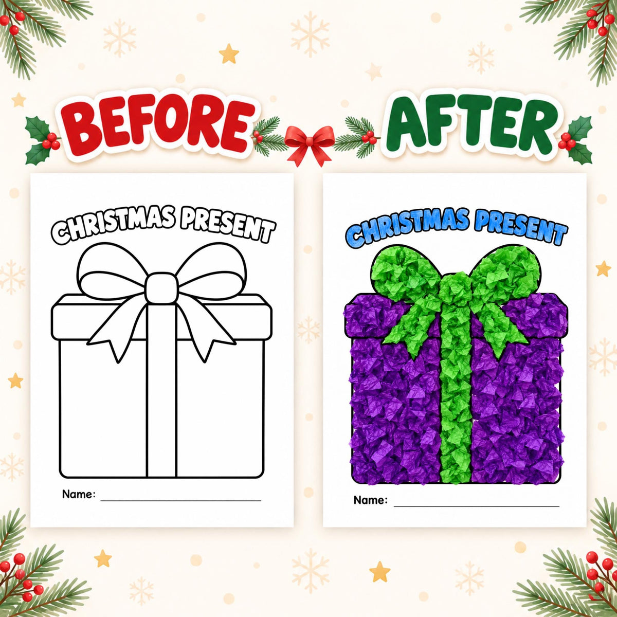 Christmas Tissue Paper Craft for Kids, 6 Christmas Craft Printables, Christmas Tree Craft, Gingerbread, Wreath, Christmas Party Activity