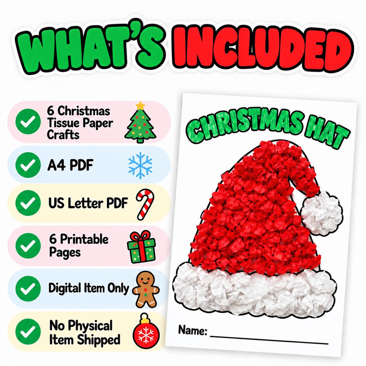 Christmas Tissue Paper Craft for Kids, 6 Christmas Craft Printables, Christmas Tree Craft, Gingerbread, Wreath, Christmas Party Activity