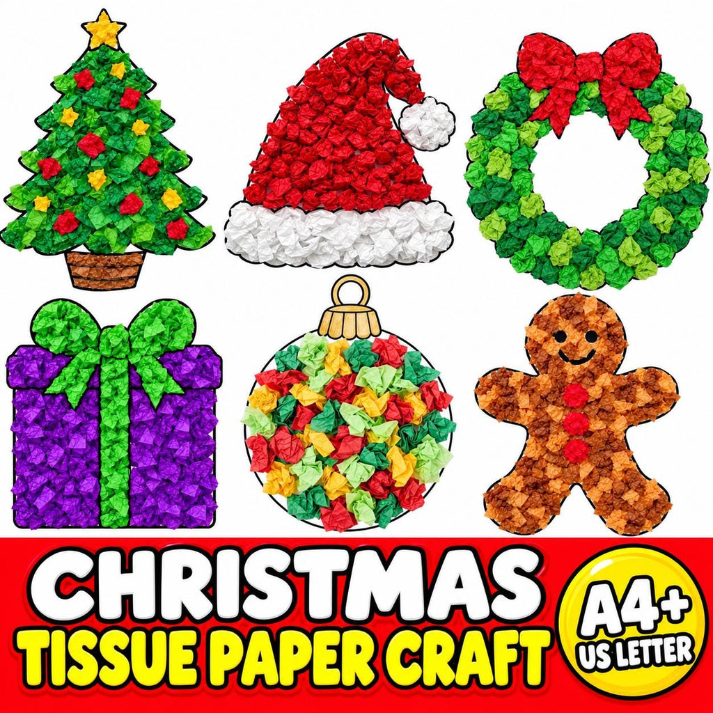 Christmas Tissue Paper Craft for Kids, 6 Christmas Craft Printables, Christmas Tree Craft, Gingerbread, Wreath, Christma