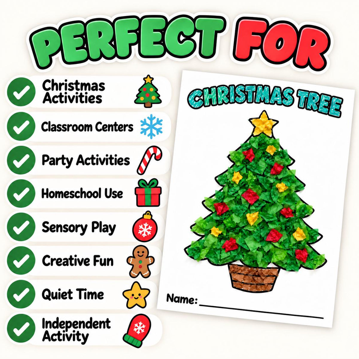 Christmas Tissue Paper Craft for Kids, 6 Christmas Craft Printables, Christmas Tree Craft, Gingerbread, Wreath, Christmas Party Activity