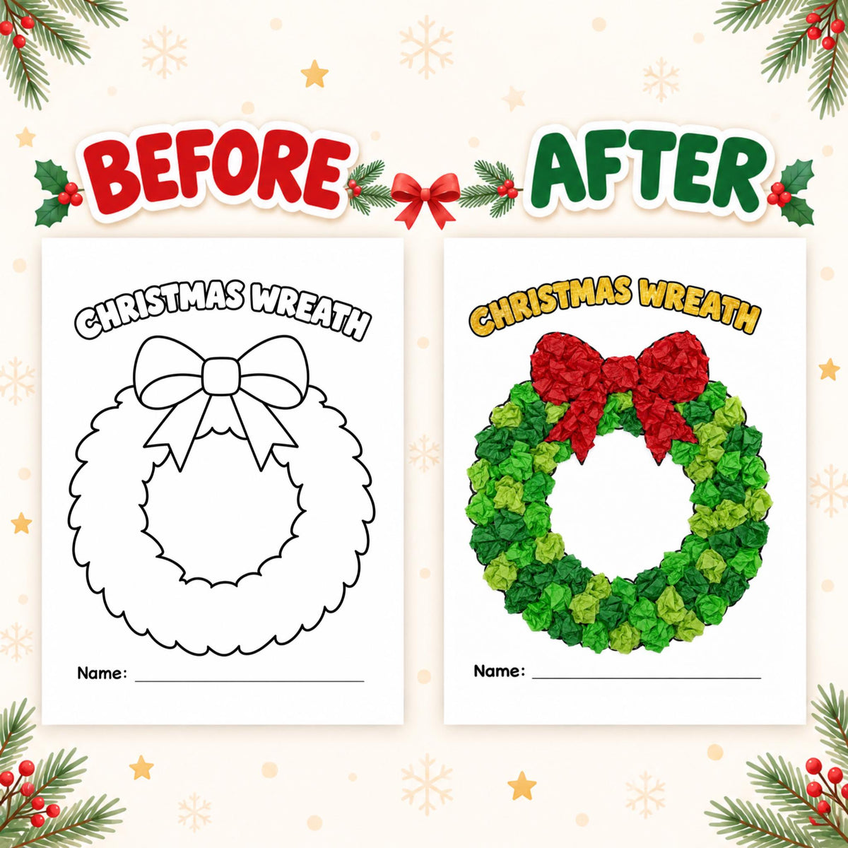 Christmas Tissue Paper Craft for Kids, 6 Christmas Craft Printables, Christmas Tree Craft, Gingerbread, Wreath, Christmas Party Activity