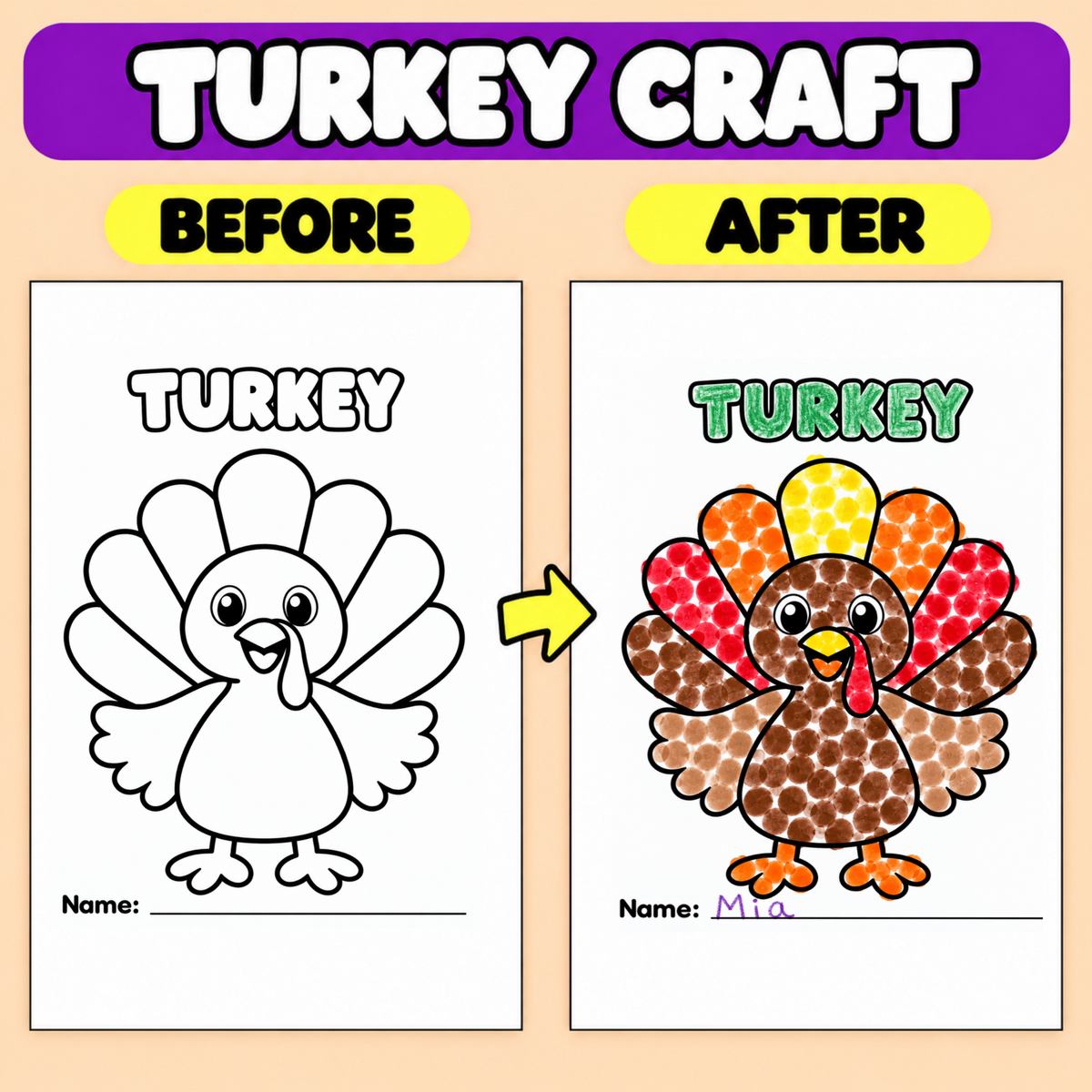 Thanksgiving Turkey Craft Printable | Turkey Art Activity for Kids | Playdough, Pom Pom, Tissue Paper & More