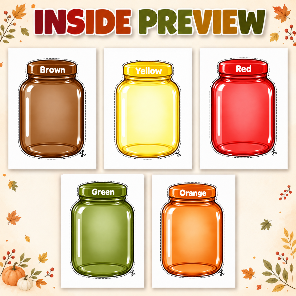 Thanksgiving Color Sorting Jars Printable for Kids | Preschool Color & Colour Matching Activity | Fall Harvest Sorting Game