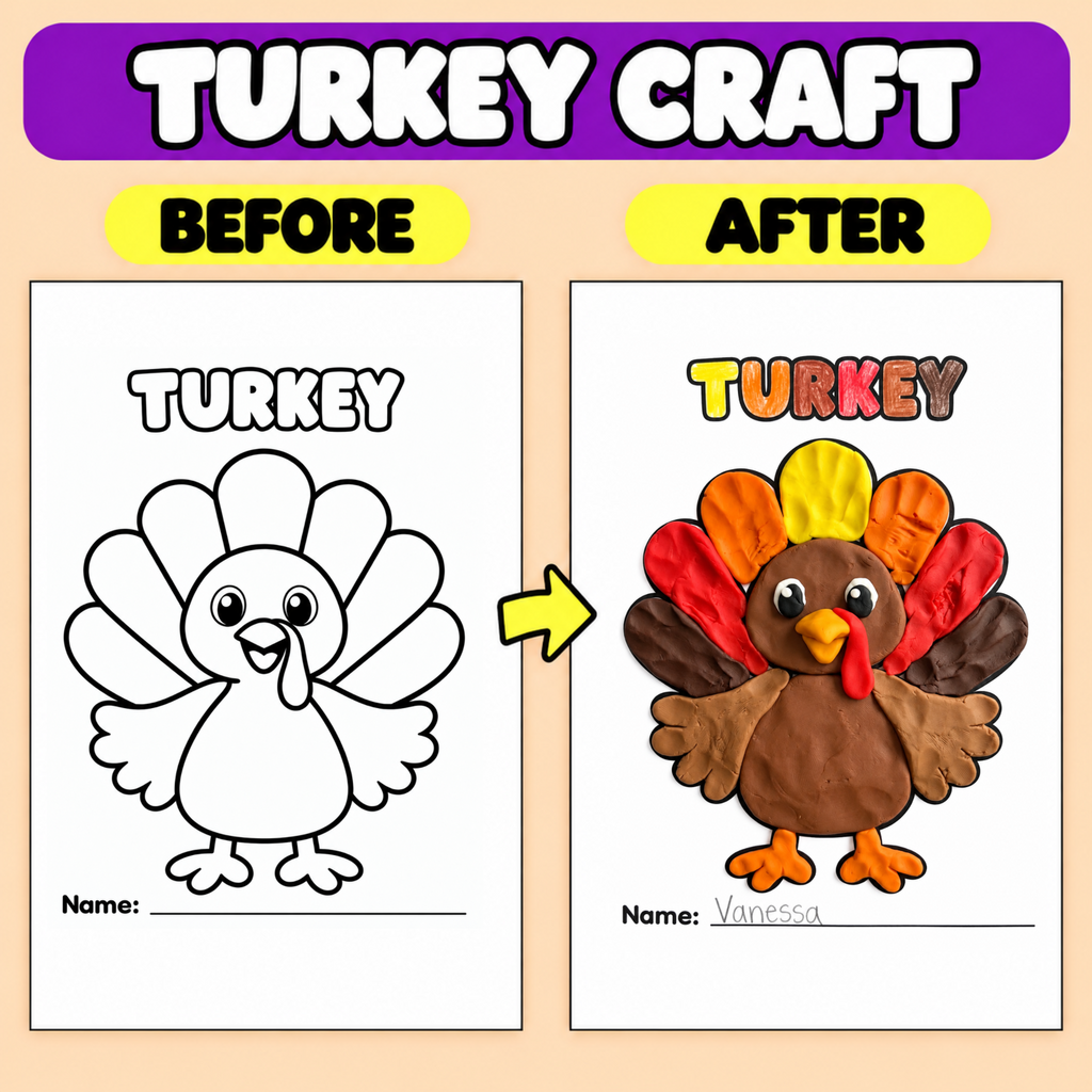 Thanksgiving Turkey Craft Printable | Turkey Art Activity for Kids | Playdough, Pom Pom, Tissue Paper & More